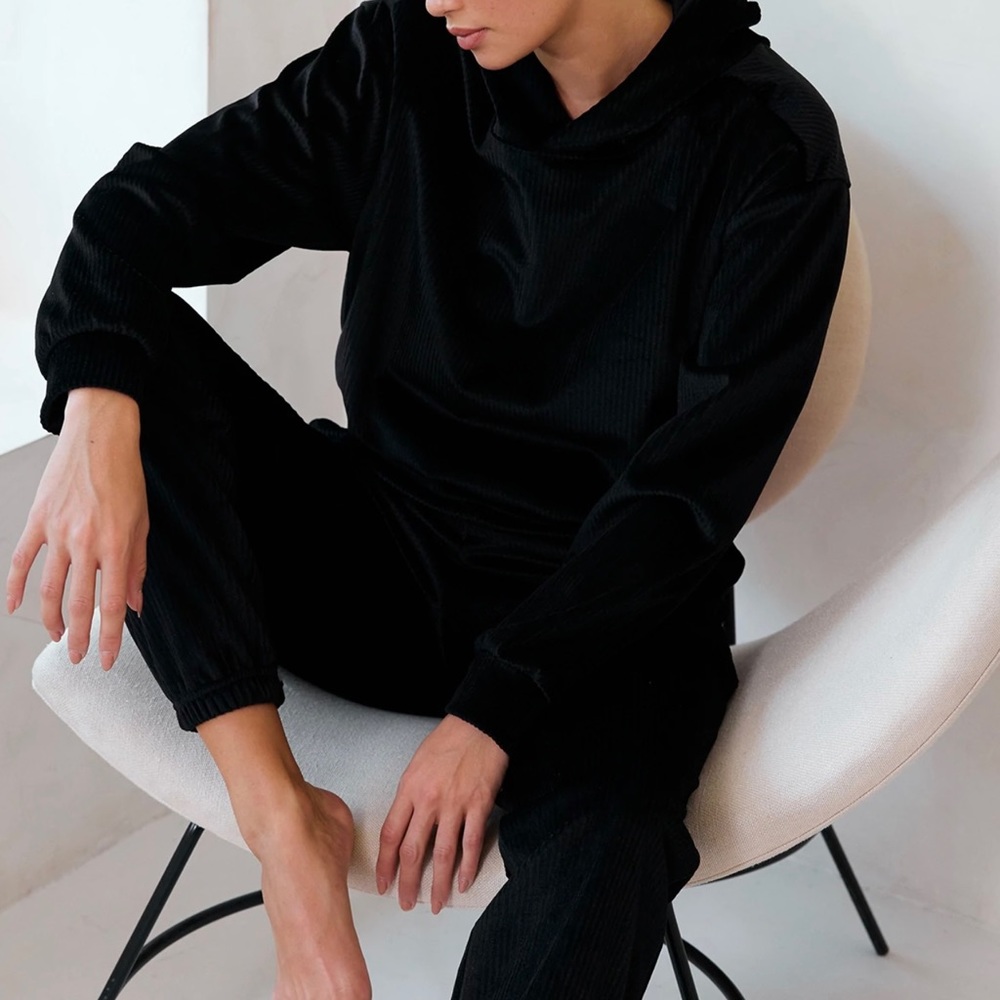 GIGI C Black Ribbed Loungewear Hoodie & Joggers Set